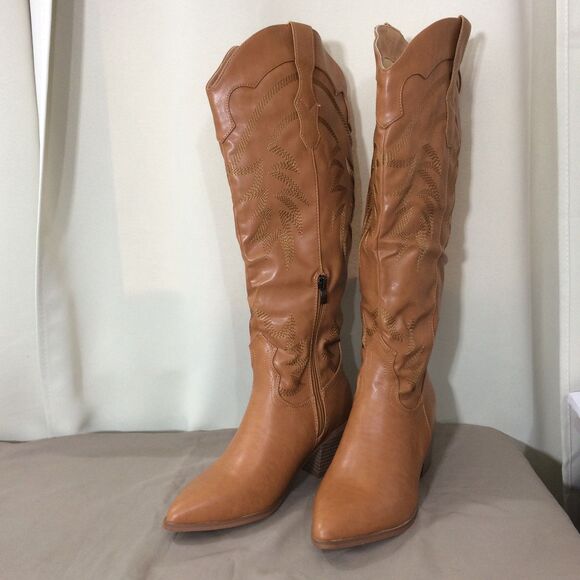 NEW Brown Cowboy Boots Faux Leather Size 8 Western Tall Pointed Toe Zip - Picture 2 of 8
